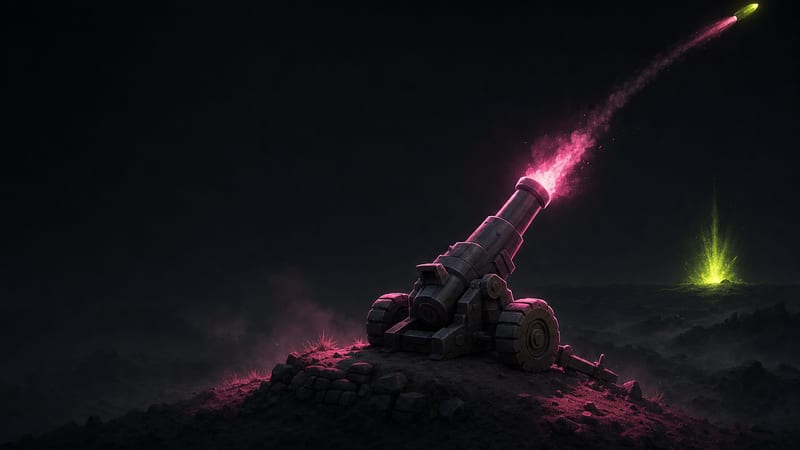A stylised artillery piece on an earthen ridge at night, lit by its own muzzle flash