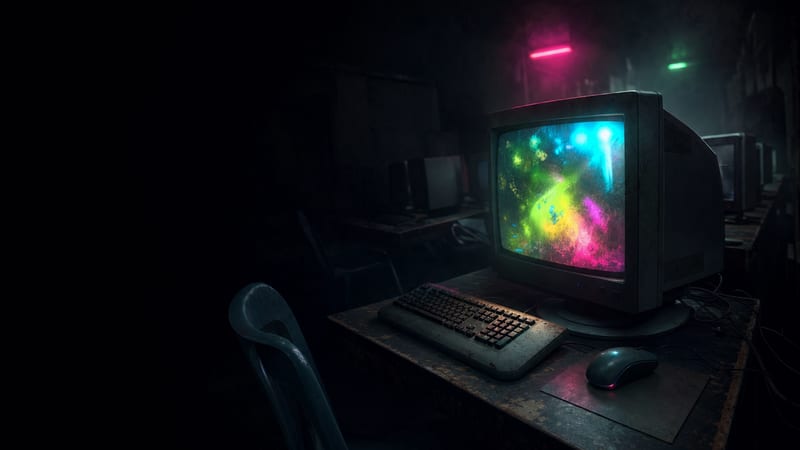 A boxy CRT monitor glowing on a scratched desk in a dim internet cafe, rows of empty desks behind