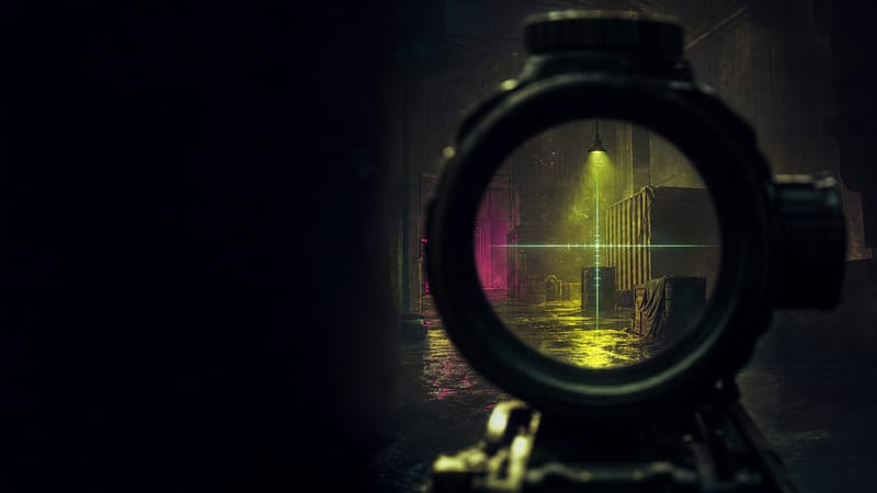 The view down a rifle optic into a dim corridor, dust visible in the light beam