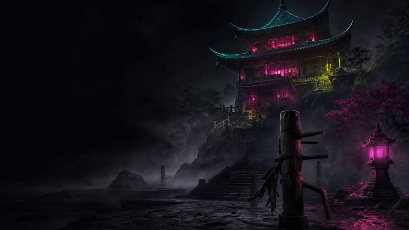 A multi-tiered pagoda rising out of low mist at dusk, seen from a stone courtyard with a weathered training post