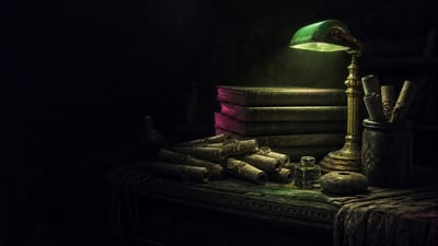 An archivist's desk at night: stacked ledgers and tied scrolls under a pool of lamplight
