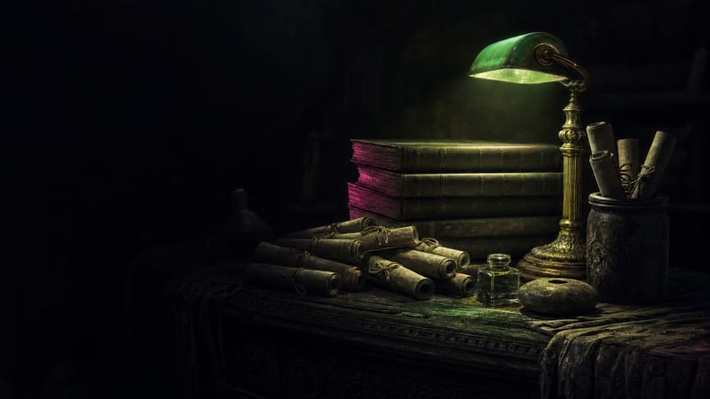 An archivist's desk at night: stacked ledgers and tied scrolls under a tight pool of lamplight