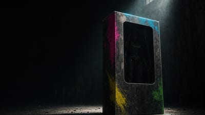 A sealed collectible figure box standing on a concrete floor in an empty warehouse aisle