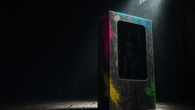 A sealed collectible figure box on a concrete floor in an empty warehouse aisle