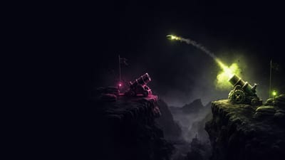 Two artillery pieces dug into opposite ridges, one mid-recoil with a muzzle flash