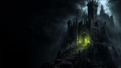 A gothic stone fortress on a rocky crag under a storm sky, one lit gatehouse arch