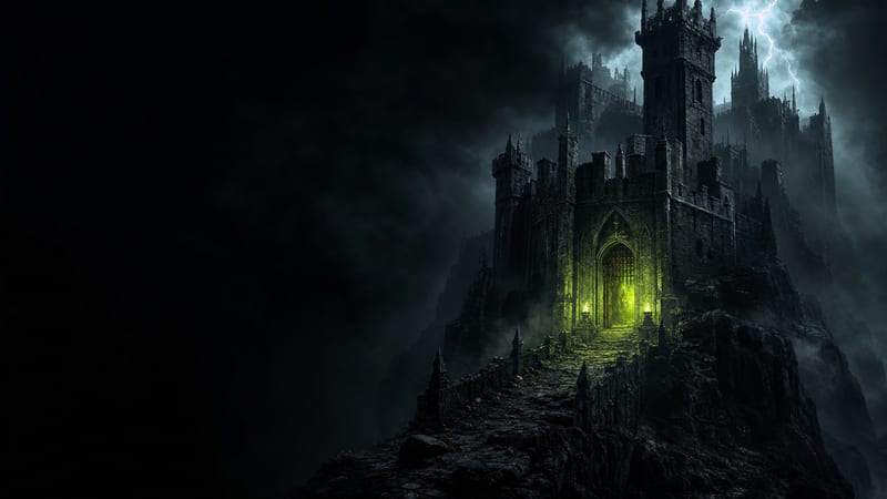 A gothic stone fortress on a rocky crag under a storm sky, one lit gatehouse arch